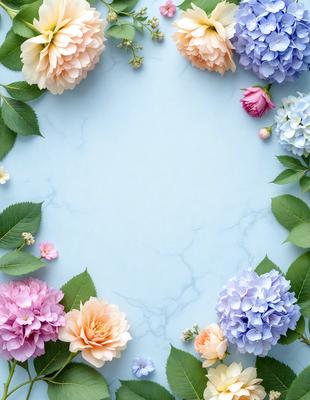 The primary subject of the image is a blue marble table with a variety of flowers arranged on it. The flowers are in different colors, creating a vibrant and lively atmosphere. The setting is a table, and the visual style appears to be a photo of the flowers on the marble surface. The colors and mood of the image are predominantly blue and pink, with the flowers adding a touch of color and life to the scene.