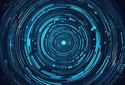 The primary subject of the image is a blue, circular, and swirling pattern. The setting is a dark blue background, and the visual style appears to be a digital art or illustration. The dominant colors are blue and purple, creating a calm and serene atmosphere.