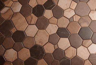 The primary subject of the image is a close-up of a tile pattern, featuring a combination of brown and white colors. The setting is a wall with the tiles covering it, creating a unique and visually appealing design. The visual style of the image is a close-up of the tile pattern, showcasing the intricate details of the tiles. The colors and mood of the image are warm and inviting, with the brown and white tiles creating a sense of harmony and balance.