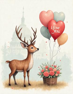 The primary subject of the image is a deer with antlers, standing in a field with a potted plant containing flowers. The setting is a grassy area with a building in the background. The visual style is a combination of digital art and illustration, creating a whimsical and charming scene. The colors are predominantly earthy tones, such as green, brown, and red, which contribute to a warm and inviting atmosphere.