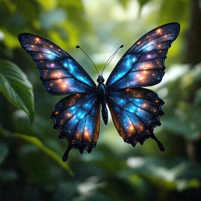 The primary subject of the image is a blue butterfly with a purple wing. The butterfly is perched on a leaf, which is part of a green tree. The setting is a forest, with the butterfly being the main focus of the image. The visual style is a combination of photo and digital art, creating a realistic yet artistic representation of the butterfly. The colors and mood of the image are vibrant and lively, with the blue and purple hues of the butter