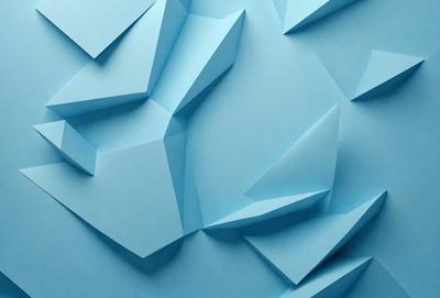 The primary subject of the image is a blue wall with a pattern of folded paper. The setting is a room with a blue background, and the visual style is a combination of digital art and illustration. The dominant colors are blue and white, creating a calm and soothing atmosphere.