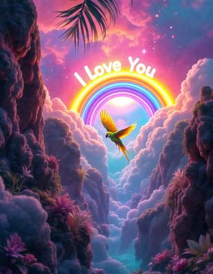 The primary subject of the image is a colorful bird, which is flying through a cloudy sky. The bird is surrounded by a vibrant and lively environment, with a rainbow visible in the background. The visual style of the image is a combination of digital art and illustration, creating a whimsical and imaginative atmosphere. The colors and mood of the image are predominantly bright and cheerful, with the bird and the rainbow adding a sense of joy and freedom to the scene.