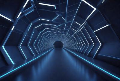 The primary subject of the image is a long, narrow tunnel with a blue light illuminating it. The setting is a futuristic environment, possibly a space station or a subway system. The visual style is a combination of digital art and illustration, creating a unique and captivating atmosphere. The dominant colors are blue and white, giving the scene a sense of depth and sophistication.