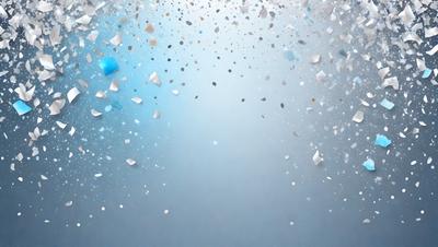 The primary subject of the image is a blue background with white confetti-like shapes floating in the air. The setting appears to be a dark room, and the visual style is a combination of a photo and digital art. The dominant colors are blue and white, creating a calm and serene atmosphere.