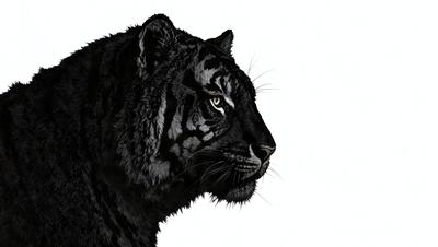 Primary subject: A black and white tiger.

Setting/background: A white background.

Visual style: Digital art.

Colors and mood: The image is black and white, giving it a classic and timeless feel.