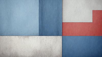 The primary subject of the image is a blue and red square, which is part of a larger blue and red pattern. The setting is a white wall, and the visual style appears to be a combination of digital art and illustration. The dominant colors in the image are blue and red, creating a vibrant and energetic atmosphere.