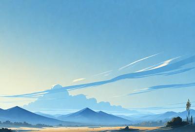 The primary subject of the image is a mountain range with a blue sky in the background. The setting is a vast, open landscape with a mountain range in the distance. The visual style is a digital art or illustration, creating a serene and peaceful atmosphere. The colors are predominantly blue, with the sky and mountains being the main focus of the image.