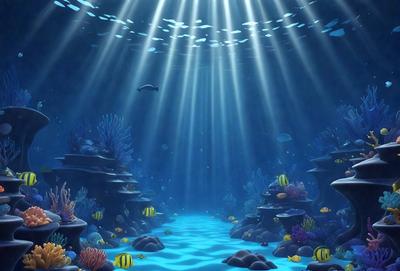 The primary subject of the image is a vibrant underwater scene featuring a variety of colorful fish and coral. The setting is a blue ocean with sunlight shining through, creating a lively atmosphere. The visual style is a combination of photo and digital art, creating a realistic yet artistic representation of the underwater world. The colors and mood are predominantly blue and lively, reflecting the beauty and energy of the marine environment.