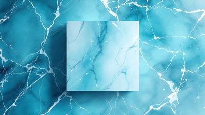 The primary subject of the image is a square-shaped piece of blue marble, which is the main object in the scene. The setting is a blue and white marbled surface, which serves as the backdrop for the square. The visual style of the image is a close-up of the marble, showcasing its texture and details. The colors in the image are predominantly blue and white, creating a calm and serene atmosphere.