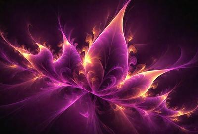 The primary subject of the image is a purple flower with a yellow center, which is the main object, scene, or focus of the image. The setting or background features a purple and orange background, which adds to the visual style of the image. The visual style of the image is a combination of photo and digital art, illustration, drawing, pattern, texture, or clipart. The dominant colors in the image are purple and orange, creating a vibrant and lively atmosphere.