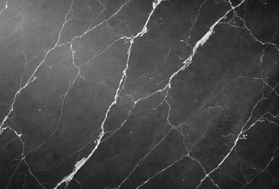 The primary subject of the image is a close-up of a marble wall with a black background. The setting is a room with a black marble wall, and the visual style is a photo. The dominant colors are black and white, creating a stark and elegant atmosphere.