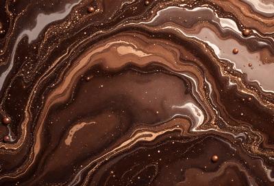 The primary subject of the image is a close-up of a chocolate-colored marbled surface, which appears to be a piece of chocolate cake. The setting is a dark background, which contrasts with the rich brown color of the cake. The visual style is a close-up, focusing on the details of the cake. The colors and mood of the image are predominantly dark and moody, with the rich brown color of the cake being the main focus.
