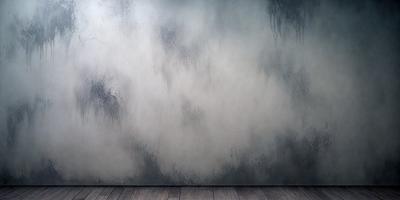 The primary subject of the image is a wall with a cloudy sky painted on it. The setting is a room with a wooden floor. The visual style is a painting, and the colors and mood are predominantly gray and cloudy.
