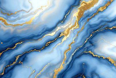 The primary subject of the image is a blue and gold marbled stone. The setting is a wall with a blue and gold marbled pattern. The visual style is a close-up of the marbled stone, showcasing its intricate design. The colors and mood of the image are vibrant and luxurious, with the blue and gold colors creating a sense of elegance and sophistication.