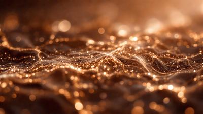 The primary subject of the image is a close-up of a shiny, golden surface, possibly a piece of fabric or a wall. The setting appears to be a room with a warm, inviting atmosphere. The visual style of the image is a combination of photo and digital art, creating a unique and eye-catching effect. The dominant colors in the image are gold and brown, which contribute to the overall warm and cozy mood.
