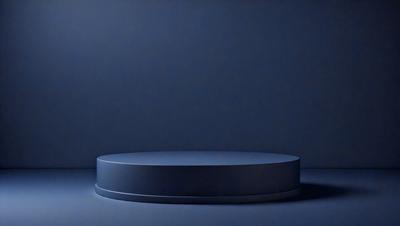 The primary subject of the image is a blue circular object, which appears to be a table or a piece of art. The setting is a dark blue background, which creates a contrasting and dramatic effect. The visual style is a combination of photo and digital art, as the blue circular object seems to be a digital creation. The colors and mood of the image are predominantly dark and moody, with the blue circular object being the main focal point.