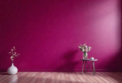 The primary subject of the image is a vase filled with flowers, placed on a small table. The setting is a room with a pink wall, which creates a warm and inviting atmosphere. The visual style is a photo, capturing the details of the vase and flowers. The colors and mood of the image are predominantly pink, giving it a soft and delicate appearance.