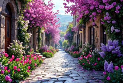 The primary subject of the image is a narrow alleyway lined with purple flowers, creating a beautiful and serene atmosphere. The setting is a city street with buildings on either side, and the visual style is a photo. The dominant colors are purple and pink, which contribute to the overall mood of the scene.