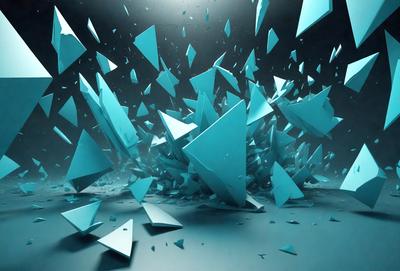 The primary subject of the image is a collection of blue triangles, which are scattered throughout the scene. The setting appears to be a dark, possibly futuristic environment. The visual style of the image is digital art, as the triangles are arranged in a way that resembles a digital pattern. The dominant colors in the image are blue, creating a calm and serene atmosphere.