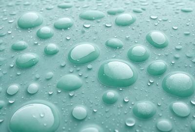 The primary subject of the image is a close-up of a blue surface, possibly a car or a blue background, with numerous small droplets of water scattered across it. The setting appears to be a wet surface, possibly after rain. The visual style of the image is a close-up, which emphasizes the details of the water droplets. The colors in the image are predominantly blue, which gives the scene a calm and serene atmosphere.