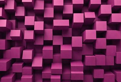 The primary subject of the image is a purple wall with a pattern of square shapes. The setting is a room with a purple wall, and the visual style is a close-up of the wall. The colors and mood of the image are predominantly purple, creating a calm and soothing atmosphere.