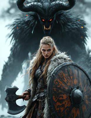 The primary subject of the image is a woman holding a large sword, standing in front of a monster. The setting appears to be a dark and eerie environment, with the woman and the monster as the main focus. The visual style of the image is a combination of photo and digital art, creating a dramatic and intense atmosphere. The colors in the image are predominantly dark, with the woman and the monster being the main sources of light, adding to the overall mood of the scene.