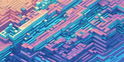 The primary subject of the image is a colorful, abstract design featuring a mix of blue, pink, and purple hues. The setting is a three-dimensional space, likely a digital art or illustration. The visual style is a combination of patterns and textures, creating a vibrant and dynamic atmosphere. The colors and mood of the image are lively and energetic, with the blue, pink, and purple tones evoking a sense of creativity and imagination.