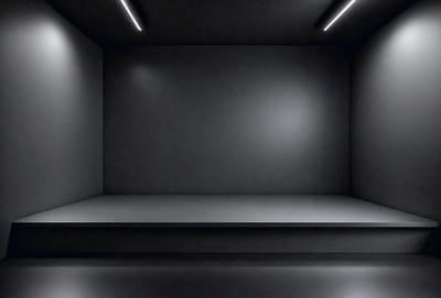 The primary subject of the image is a large, empty room with a white wall. The setting is a dark room, possibly a basement, with a single light source illuminating the space. The visual style is a black and white photo, giving the image a classic and timeless appearance. The colors and mood of the image are predominantly dark and moody, creating a sense of mystery and solitude.