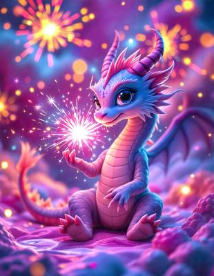 The primary subject of the image is a small, cute, and colorful dragon. The dragon is sitting on a pink surface, possibly a bed, and is surrounded by a purple and pink background. The visual style of the image is digital art, with the dragon being depicted in a whimsical and playful manner. The colors and mood of the image are predominantly pink and purple, creating a warm and inviting atmosphere.