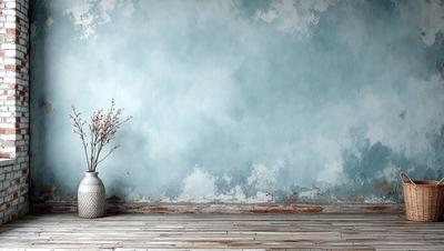 The primary subject of the image is a vase with a plant in it, placed on a wooden floor. The setting is a room with a blue wall, and the visual style appears to be a photo. The colors in the image are predominantly blue and white, creating a calm and serene atmosphere.