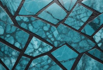 The primary subject of the image is a blue marble tile with a pattern of blue and white squares. The setting is a wall, and the visual style is a close-up of the tile. The dominant colors are blue and white, creating a calm and soothing atmosphere.