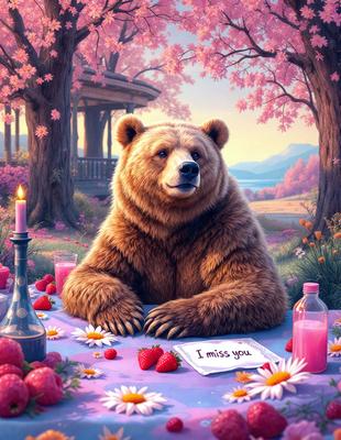 The primary subject of the image is a large brown bear sitting at a dining table. The bear is positioned in the center of the table, and there are several items surrounding it. These items include a bottle, a cup, a bowl, a vase, and a book. The setting appears to be a forest, with a pink background and a dining table. The visual style of the image is a combination of digital art and illustration, creating a whimsical and imaginative scene. The colors and m