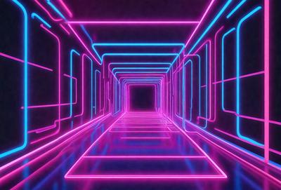 The primary subject of the image is a long, narrow hallway with a pink neon light illuminating it. The setting is a futuristic environment, possibly a space station or a futuristic city. The visual style is a digital art or illustration, with the pink neon light creating a unique and vibrant atmosphere. The colors and mood of the image are predominantly pink, giving it a futuristic and surreal feel.