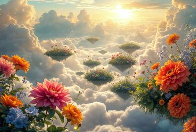 Primary subject: Flower garden in the clouds
Setting/background: Clouds
Visual style: Digital art
Colors and mood: Bright, vibrant, and whimsical