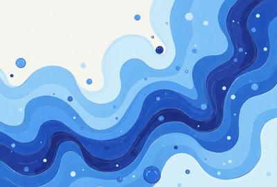 The primary subject of the image is a blue ocean with waves. The setting is a blue and white ocean, and the visual style is a digital art or illustration. The dominant colors are blue and white, creating a calm and serene atmosphere.