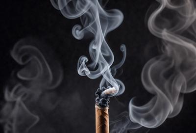 The primary subject of the image is a lit cigarette, which is the main focus of the scene. The setting is a dark background, which creates a dramatic and moody atmosphere. The visual style is a close-up of the lit cigarette, emphasizing its shape and texture. The colors in the image are predominantly dark, with the lit cigarette being the only source of light, creating a sense of intensity and drama.