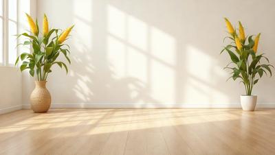 The primary subject of the image is a potted plant with a yellow flower, placed on a wooden floor. The plant is situated in front of a window, which allows sunlight to shine on the floor and the plant. The setting is indoors, with the wooden floor being the main surface visible in the image. The visual style appears to be a photo, capturing the natural light and the plant's details. The colors and mood of the image are warm and inviting, with the sunlight creating a bright and wel