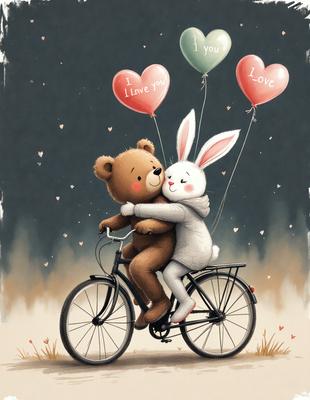 The primary subject of the image is a bicycle with a teddy bear and a bunny on it. The setting is a nighttime scene with a dark sky. The visual style is a digital art illustration, featuring a cute and whimsical scene. The colors are predominantly dark, with the bicycle and the animals being the main focus. The overall atmosphere is warm and inviting, with the animals and the bicycle creating a sense of companionship and playfulness.