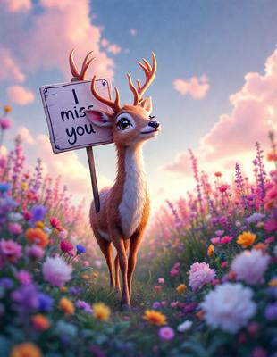 Primary subject: A deer with a sign on its back.

Setting/background: A field of flowers.

Visual style: Digital art.

Colors and mood: The image is colorful and has a cheerful atmosphere.