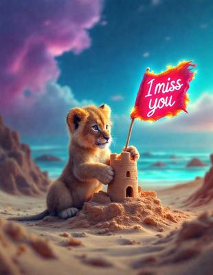 Lion: The primary subject of the image is a lion, which is sitting on a sandy beach.

Setting/background: The lion is sitting on a sandy beach, with a castle-like structure in the background.

Visual style: The image is a digital artwork, featuring a lion and a castle-like structure.

Colors and mood: The image has a warm and vibrant color palette, with the lion's fur being a mix of orange and brown, and