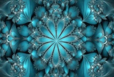 The primary subject of the image is a blue and white flower pattern. The setting is a blue background, which creates a visually appealing contrast with the flower pattern. The visual style is a combination of digital art and illustration, giving the image a unique and artistic appearance. The dominant colors are blue and white, creating a calm and serene atmosphere.