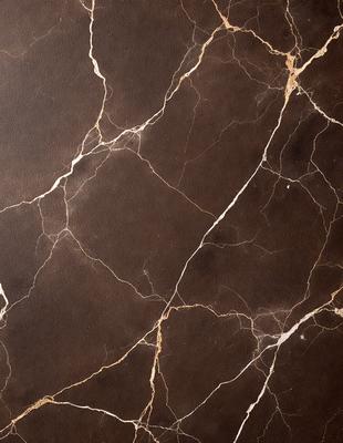 The primary subject of the image is a marble wall with a brown and white color scheme. The setting is a room with a brown leather wall, which adds a warm and luxurious touch to the space. The visual style of the image is a close-up of the marble wall, showcasing its intricate patterns and textures. The colors and mood of the image are rich and elegant, creating a sophisticated and inviting atmosphere.