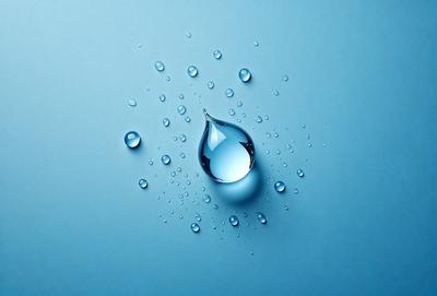 The primary subject of the image is a single drop of water. The setting is a blue background, which creates a contrasting and visually appealing scene. The visual style is a close-up of the water drop, emphasizing its details and texture. The colors and mood of the image are predominantly blue, which adds a sense of calmness and tranquility to the scene.