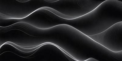 The primary subject of the image is a series of white, wavy lines or waves. The setting is a black background, which creates a striking contrast with the white waves. The visual style appears to be a digital art or illustration, as the lines are smooth and well-defined. The dominant colors are white and black, giving the image a clean and modern appearance.