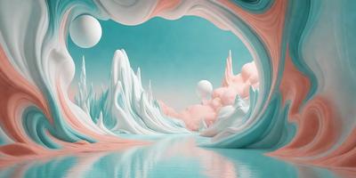 The primary subject of the image is a painting of a waterfall with a blue background. The setting is a waterfall with a blue background, and the visual style is digital art. The dominant colors are blue and pink, creating a serene and calming atmosphere.