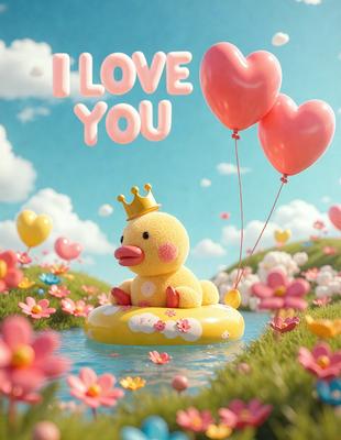 The primary subject of the image is a yellow rubber ducky sitting on a rubber raft in a pink and white flower-filled field. The setting is a whimsical, colorful environment with a sky background. The visual style is a digital art or illustration, creating a playful and cheerful atmosphere. The dominant colors are pink, white, and yellow, with the flowers adding a touch of vibrancy to the scene.