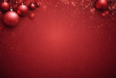 The primary subject of the image is a red background with a few Christmas ornaments scattered around. The setting is a festive and holiday-themed environment. The visual style is a combination of a photo and digital art, creating a unique and eye-catching design. The dominant colors are red and white, giving the image a warm and celebratory atmosphere.