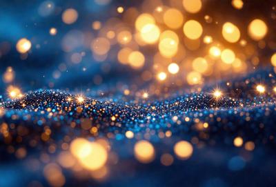 The primary subject of the image is a blue background with a pattern of bright, shining lights. The setting appears to be a nighttime scene, with the lights creating a visually striking and luminous atmosphere. The visual style of the image is a combination of a photo and digital art, as the lights are arranged in a way that resembles a painting or drawing. The colors and mood of the image are predominantly blue and bright, with the lights creating a sense of warmth and energy.