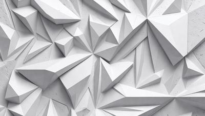 The primary subject of the image is a large, white wall with a pattern of triangles. The setting is a white room, and the visual style appears to be a combination of digital art and illustration. The dominant colors are white and gray, creating a clean and minimalist atmosphere.